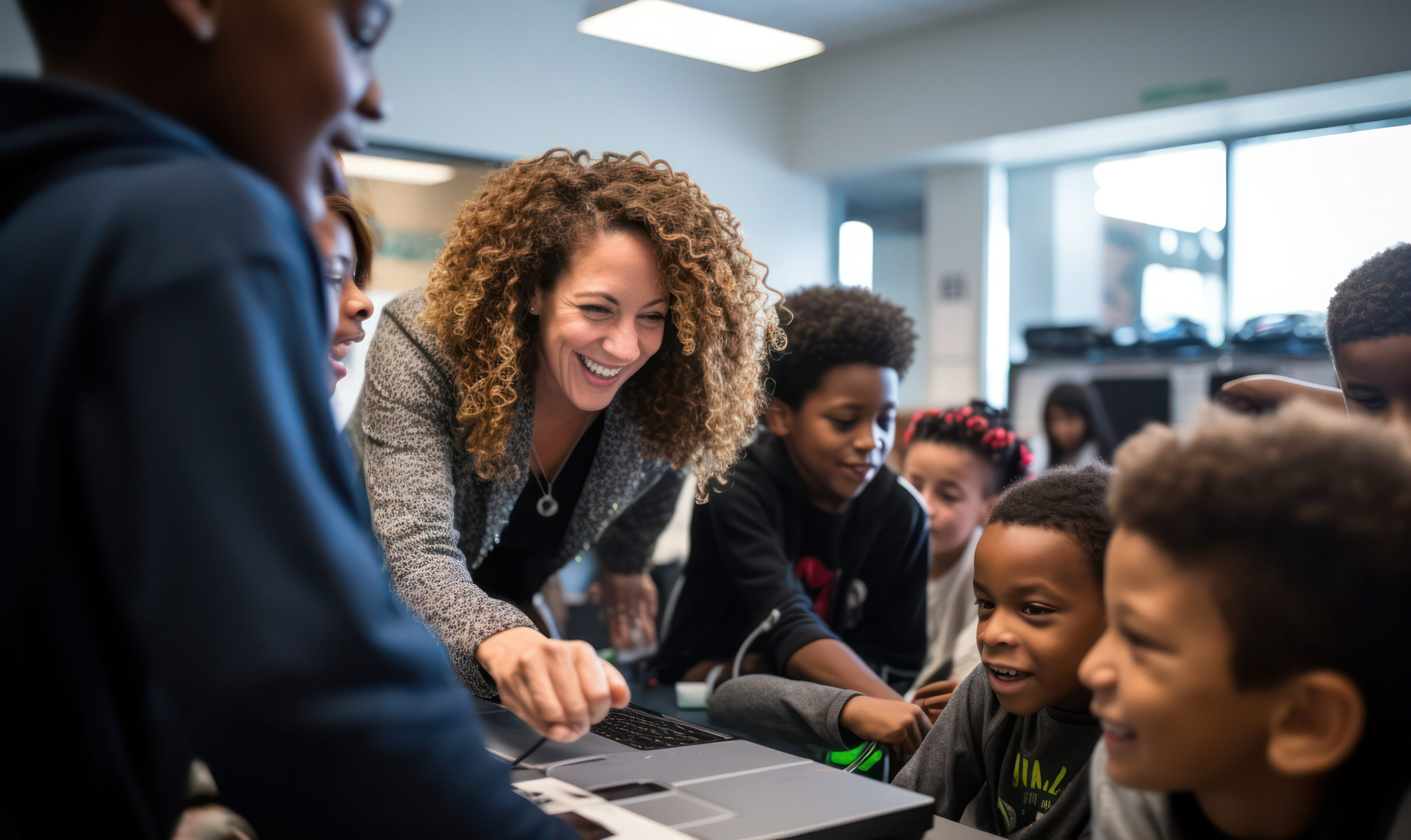 "Tech Education, Teacher Guides Diverse Group of Students in a Modern, Technology Classroom."